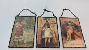 Vintage Christmas Glass Suncatcher Panels Santa Child Holiday Decor Lot 3